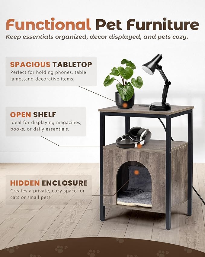 Cat End Table with Charging Station, Indoor Cat House Side Table with Bed - Image 6
