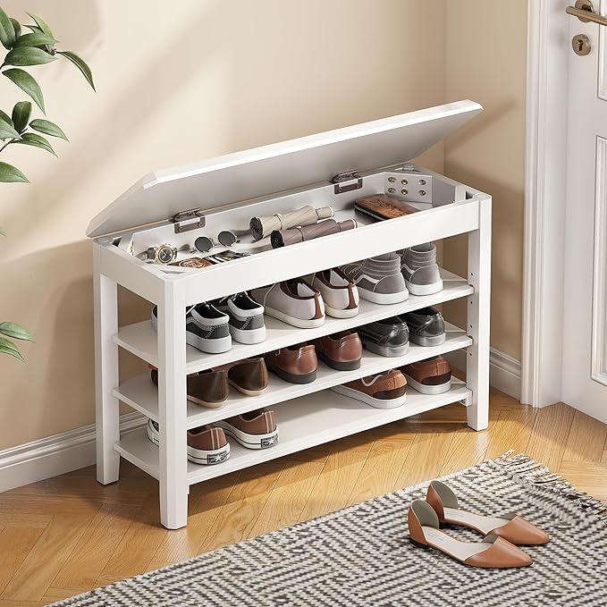 Shoe Rack Bench Seat Rubberwood 3-Tier Wooden Storage Bench 550lbs Compact by IUNVR