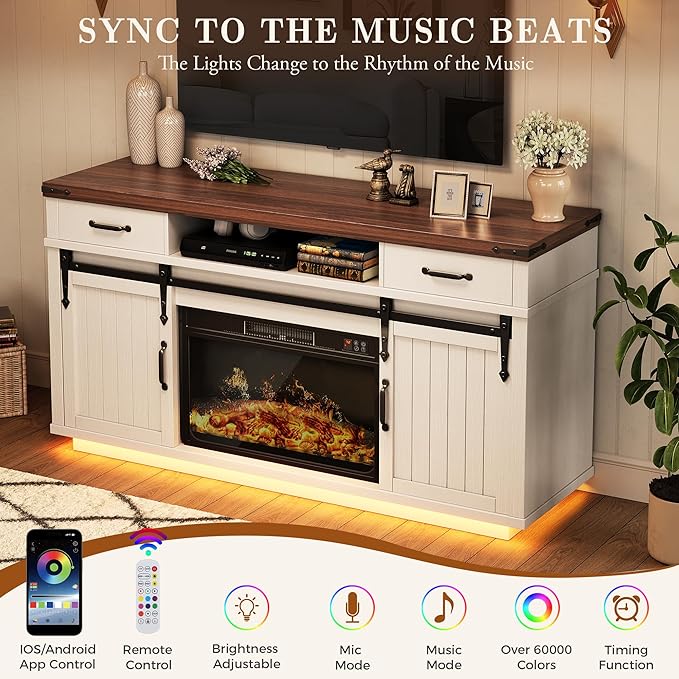 59'' Fireplace TV Stand with 3D Flame Electric Fireplace Heater, Entertainment - Image 8