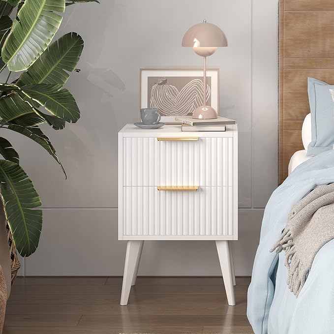 Fluted Nightstand with 2 Drawers, Modern Bedside Table with Metal Handles - Image 5