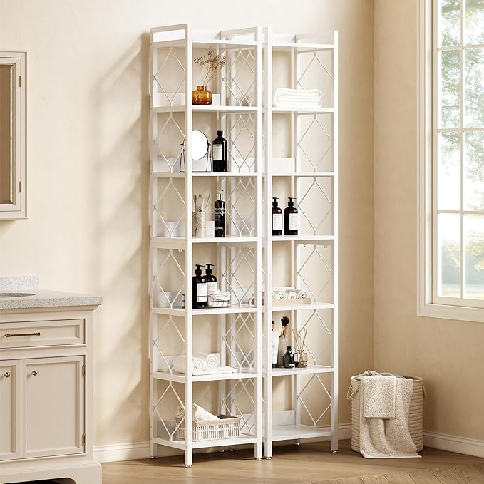 LITTLE TREE Book Shelf Set of 2, 7-Tier Tall Bookcase, Wooden Display Shelves - Image 5
