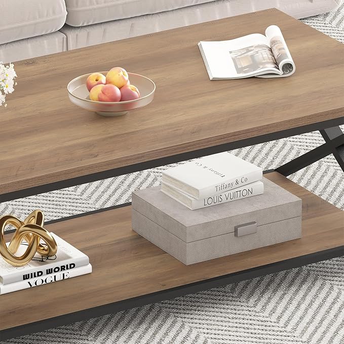 HSH Rustic Farmhouse Coffee Table, Modern Minimalist Wood and Metal Living Room - Image 6