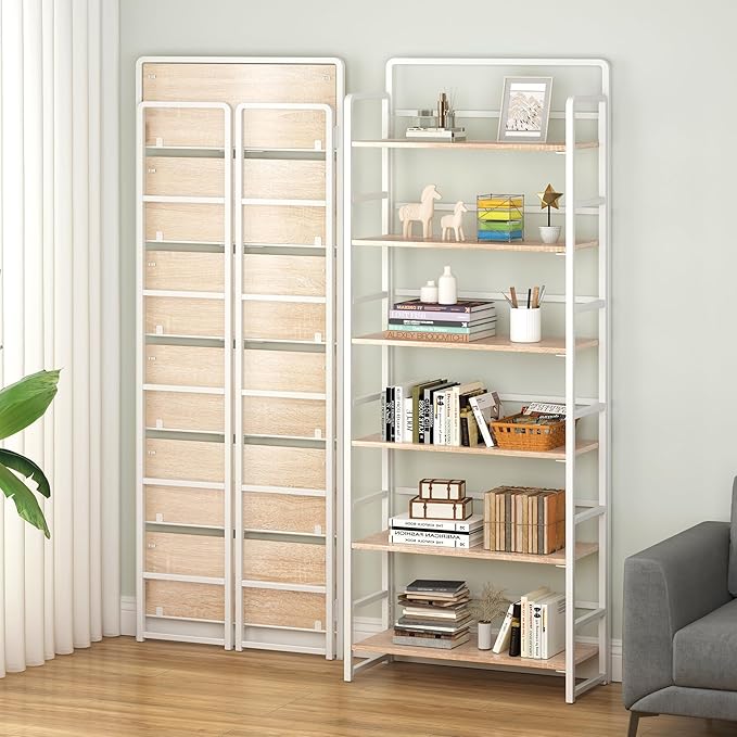 4NM No-Assembly 6 Tiers Folding Bookshelf Storage Shelves Vintage Bookcase - Image 2