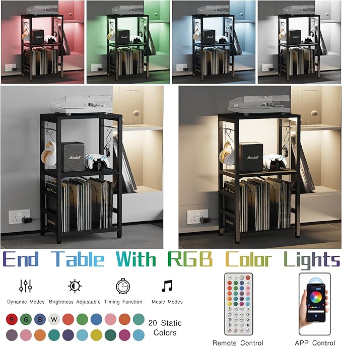 End Table with LED Light, Record Player Stand with Albums Storage, Vinyl - Image 4