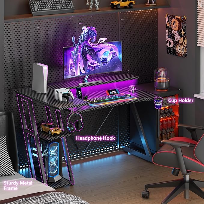 47 Inch Gaming Desk with Power Outlet & LED Lights, Corner Computer Desk with 3 - Image 6