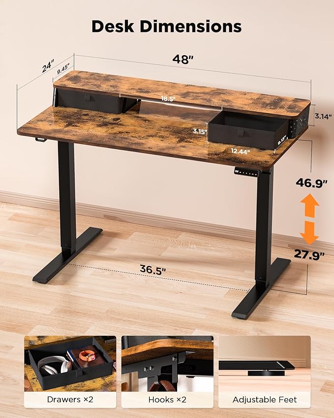 48x24 Inch Standing Desk with Double Drawers, C-Clamp Mount Compatible - Image 3