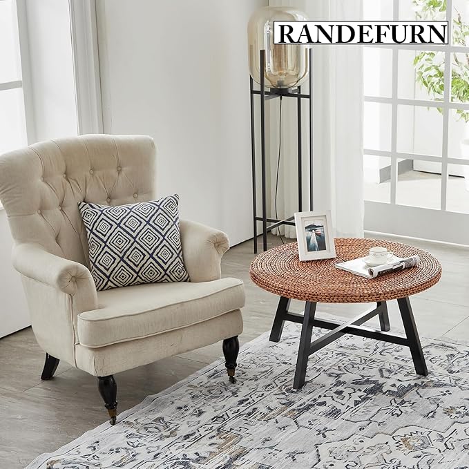 RANDEFURN Round Coffee Table, Seagrass Coffee Solid Pine Wood X Base Frame - Image 6