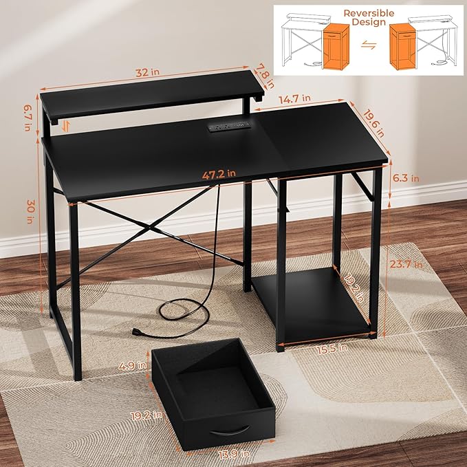 Computer Desk with Adjustable Monitor Stand, 47.2 in Small Desk with Reversible - Image 3