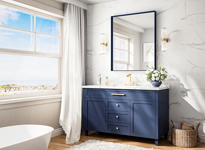 Keonjinn 30 x 36 Inch Blue Bathroom Mirror Metal Frame Navy Blue Wall Mirror - Image 2