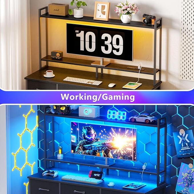 Computer Gaming Desk with Hutch, Home Office Desk with Power Outlets, LED Light - Image 7