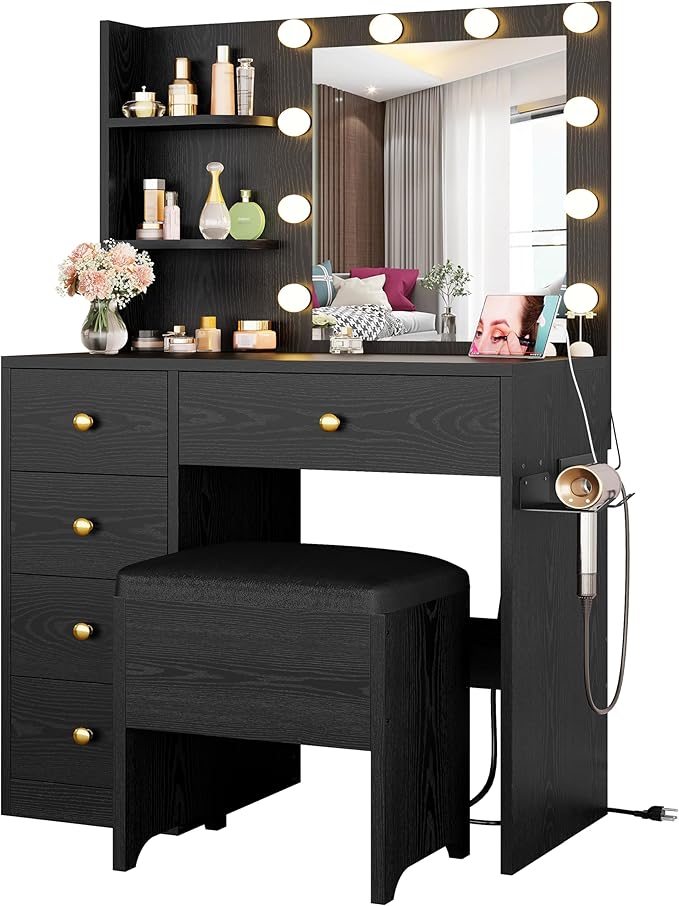 IRONCK Vanity Desk with Mirror and Lights, Small Makeup Vanity Table with 5 by IRONCK