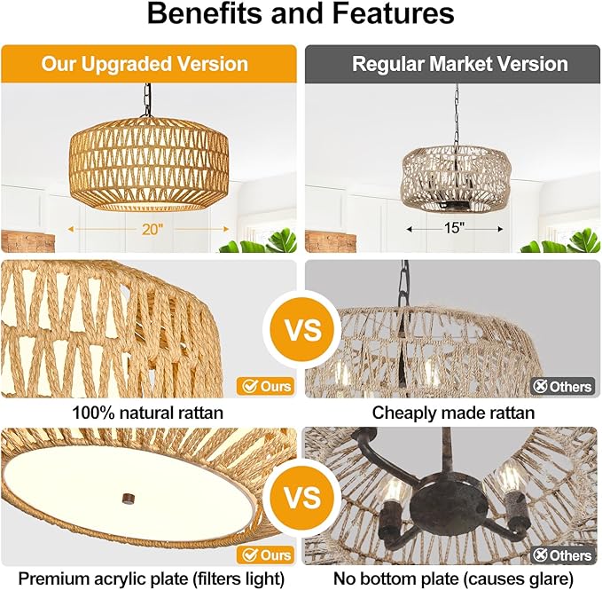Farmhouse Chandelier Light Fixture, 5-Light Rattan Boho Chandeliers - Image 6