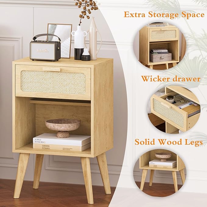 Rattan Nightstand with Opening Storage, Boho Bedside Table with Drawer - Image 7