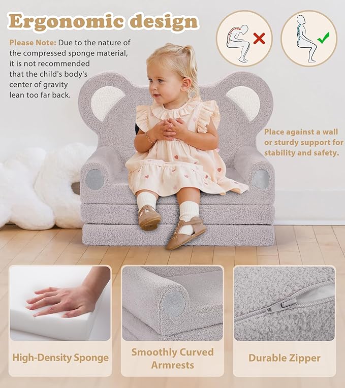 Kids Couch, 2-in-1 Soft Toddler Couch Fold Out - Image 6