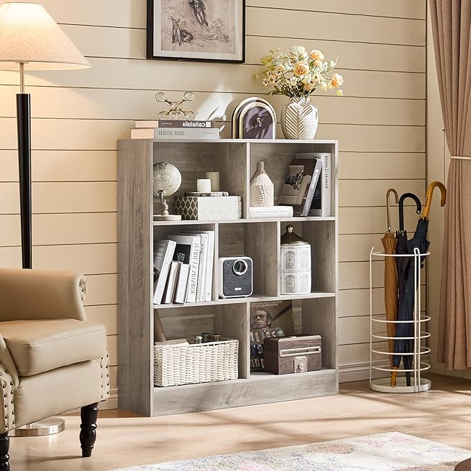 LEYAOYAO 7 Cube Bookshelf with Base, 3 Tier Mid-Century Modern Grey Bookcase - Image 4