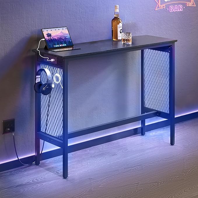 VASAGLE Bar Table with Power Outlets, 47.2 Inches LED Lights Narrow Tall Pub - Image 2