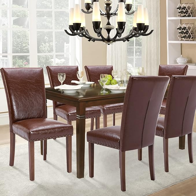 Parsons Dining Chairs Set of 2, Upholstered Nailhead PU Leather Dining Room - Image 2