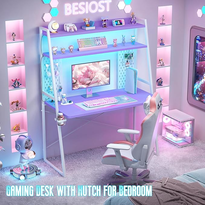 Gaming Desk with Hutch and LED Lights, Gaming Computer Desk with Power Outlets - Image 4
