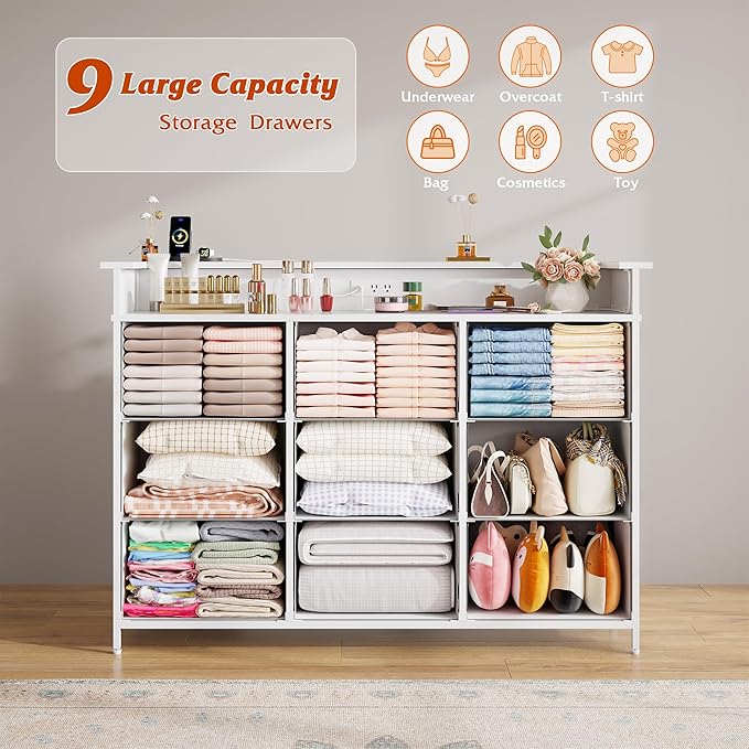 Nicehill 9 Drawer Dresser for Bedroom, Led Light White Dresser, TV Stand for - Image 6