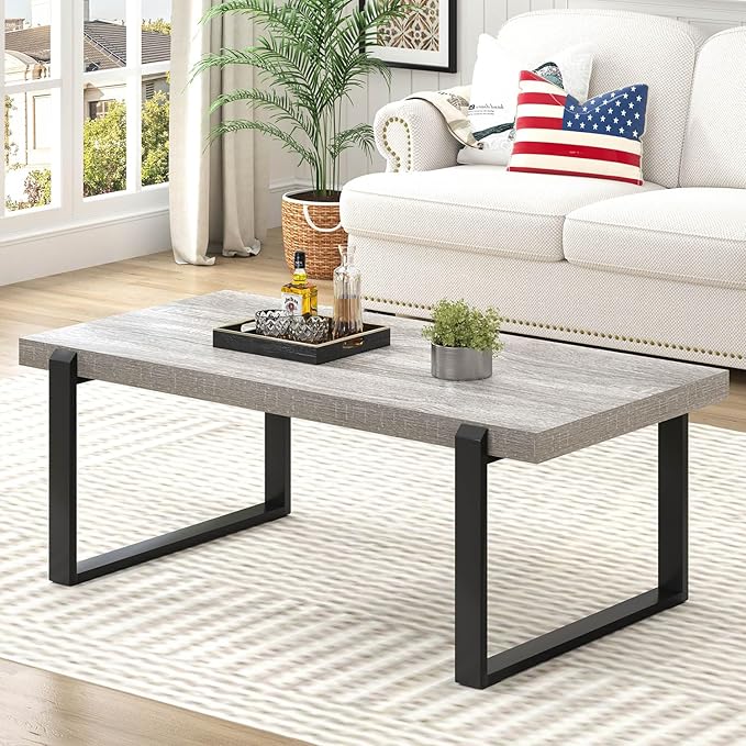 FOLUBAN Modern Coffee Table, Rustic Wood and Metal Center Table, Rectangle by FOLUBAN