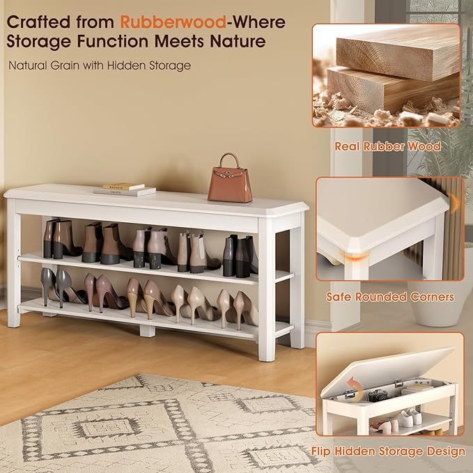 Shoe Rack Bench Seat Rubberwood 2-Tier Wooden Storage Bench 550lbs Compact - Image 6