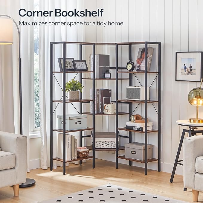 HOOBRO Industrial Corner Bookshelf, 5-Tier L-Shaped Bookcase, Open Display - Image 5