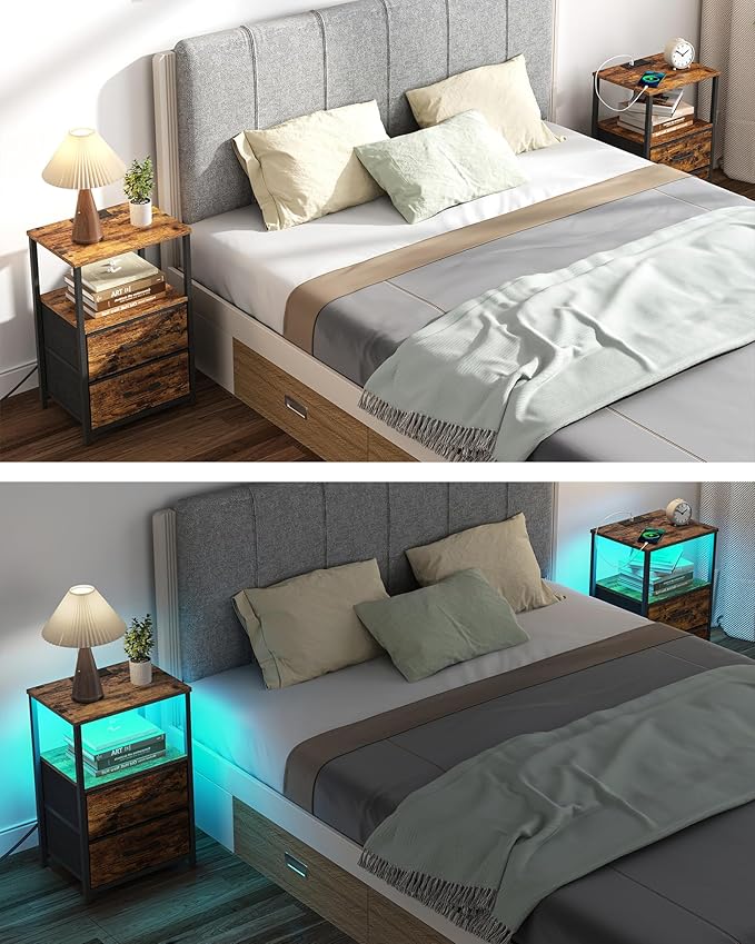 TUTOTAK LED End Table with Charging Station, Nightstand with Cloth Drawer - Image 5