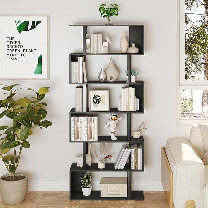 Yusong S Shaped Bookshelf, Modern Geometric Bookcase, 6-Tier Black Display Case - Image 4