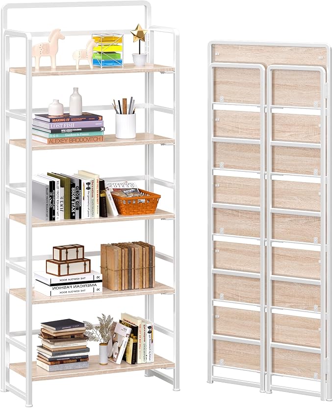 4NM No-Assembly 5 Tiers Folding Bookshelf Storage Shelves Vintage Bookcase by 4NM