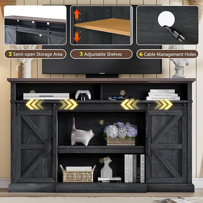 66" Farmhouse TV Stand with Sliding Barn Doors, Rustic Media Console Table - Image 6