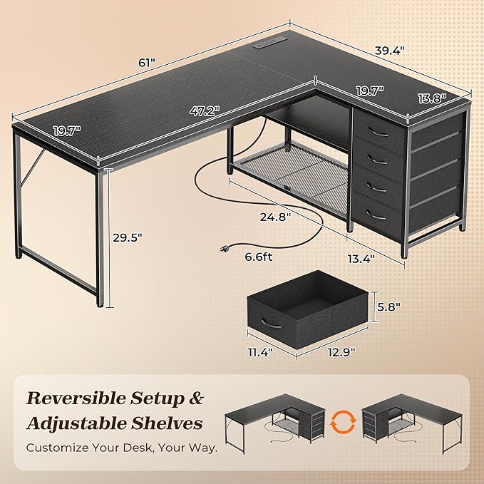 PRAISUN 61" L Shaped Desk with Power Outlets and USB-C Port, Reversible - Image 3