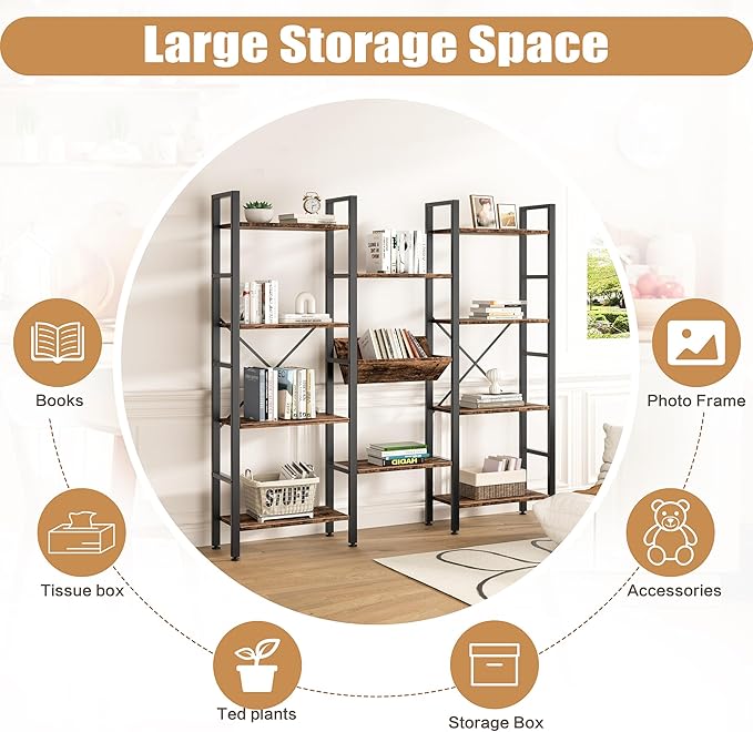 Shintenchi Industrial Bookcase, 71.6” Triple 4 Tier Bookshelf - Image 3