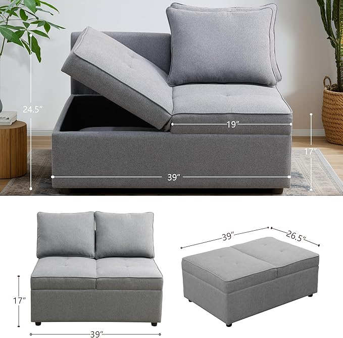 Convertible Ottoman Sofa with Storage, Modern Sackcloth Futon Couch with 2 - Image 2