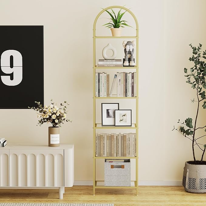 Homhedy Bookshelf Arched Display Racks, Metal Bookcase, Tempered Glass Shelves - Image 3