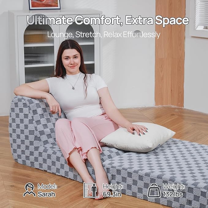Bean Bag Chair with Checkerboard Shaker Fleece Fabric, Folding Sofa Bed - Image 3