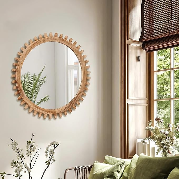 ULIKE Round Wood Mirror, 24 Inch Rustic Farmhouse Circle Mirror - Image 7