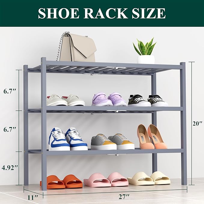 Smiry Shoe Rack, 3 Tier Thick Bamboo Shoe Organizer, Stackable Free Standing - Image 2