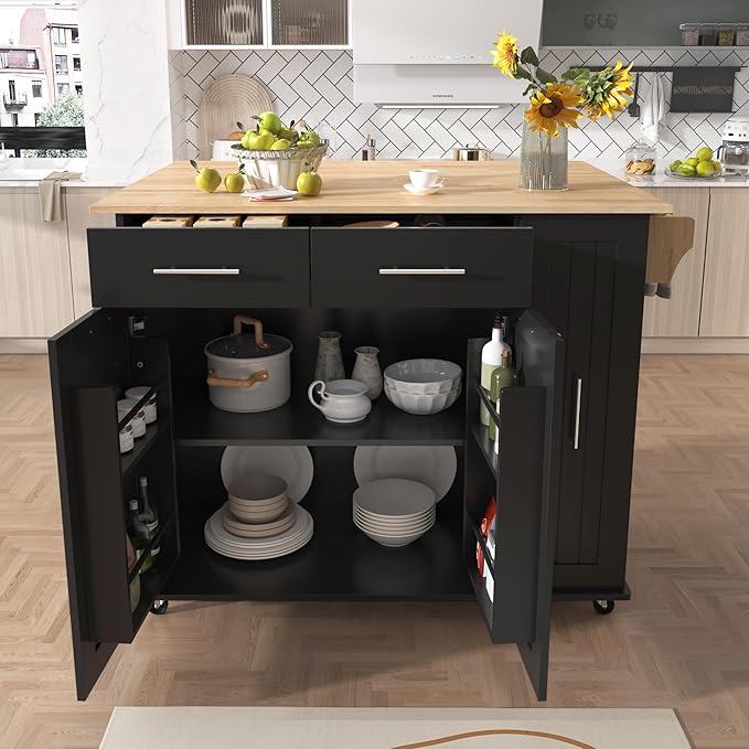 46" Kitchen Island with Drop Leaf, Dining Storage Cart W/ 3 Tier Pull Out by Unknown