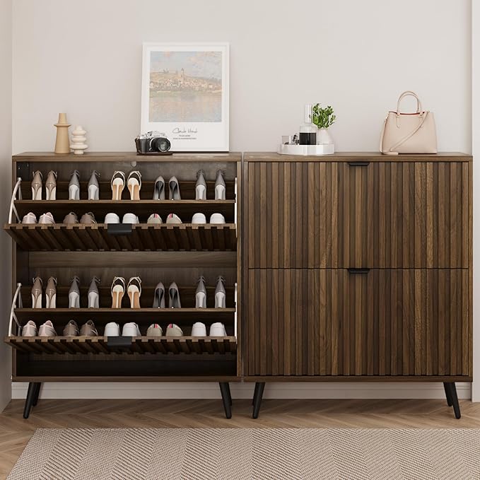 Smuxee Shoe Cabinet with 2 Flip Drawers, 31.5" Walnut Hidden Shoe Storage - Image 3