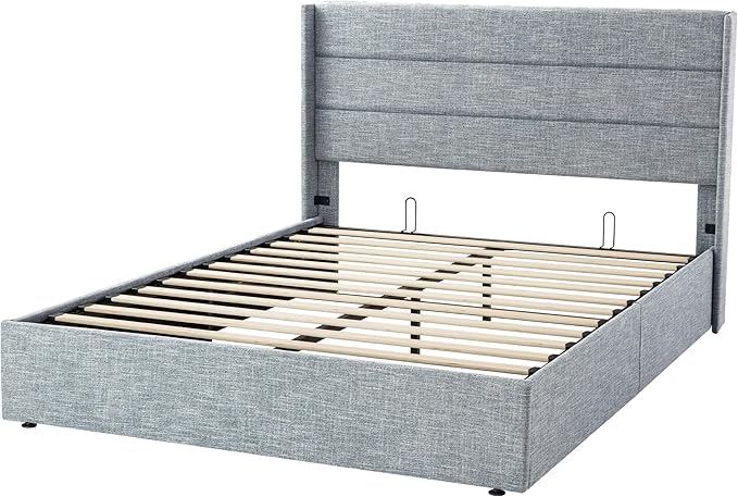 SHA CERLIN Queen Size Lift Up Storage Bed/Modern Wingback Headboard/Upholstered - Image 9