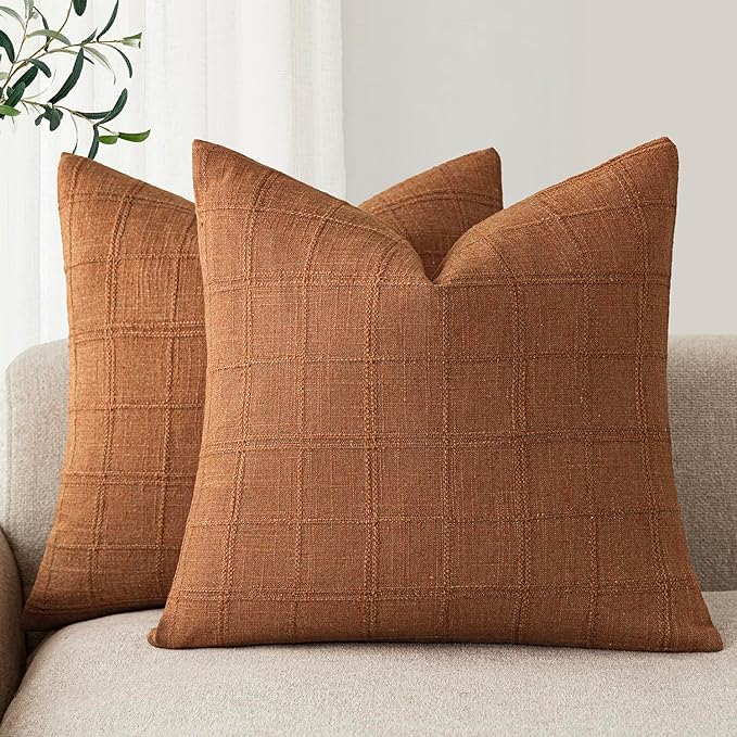 Foindtower Set of 2 Decorative Linen Check Throw Pillow Covers Neutral by Foindtower