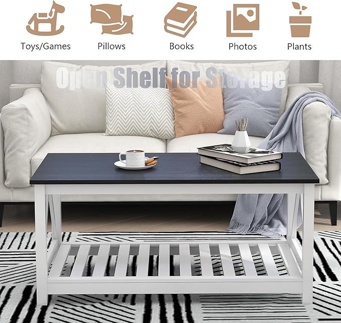 Farmhouse Coffee Table, 2-Tier Rectangular Wooden Centre Cocktail Table - Image 4