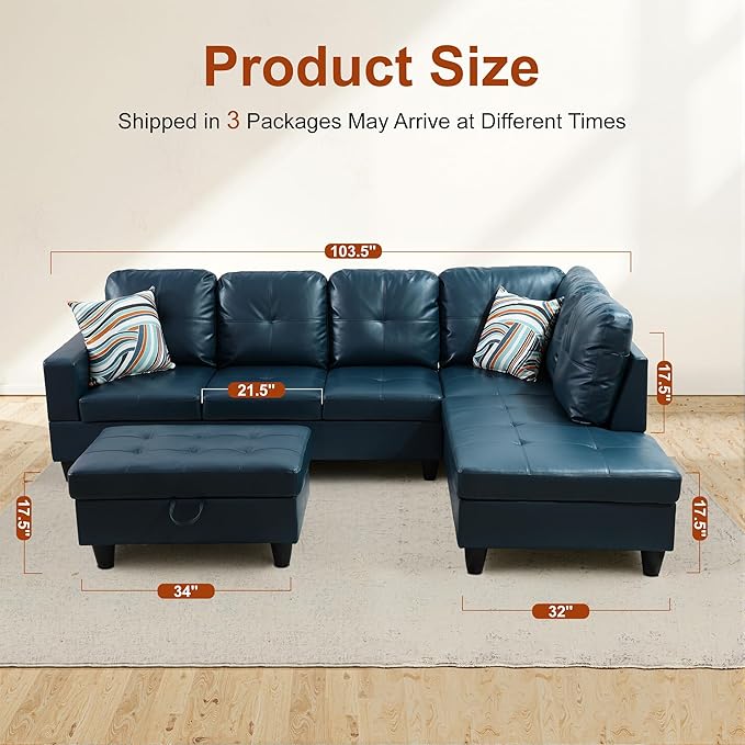 Osparple Sectional Couch PU Leather L Shaped Couch 3 Pieces Modular Sectional - Image 2