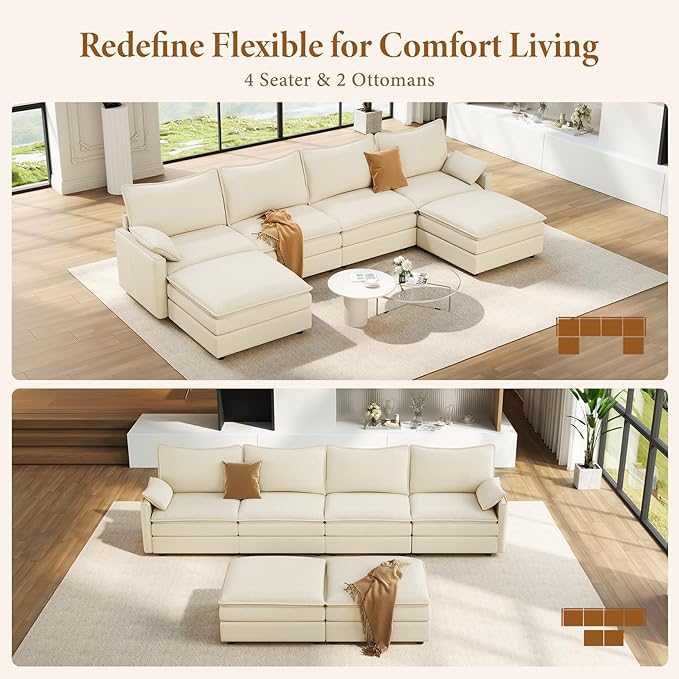 Vesgantti 142" U Shaped Sectional Couch, Comfy Cloud Modular Sectional Sofa - Image 7