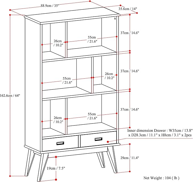 SIMPLIHOME Draper 35 inch Mid-Century Modern 6 Cubbie Bookcase - Image 3