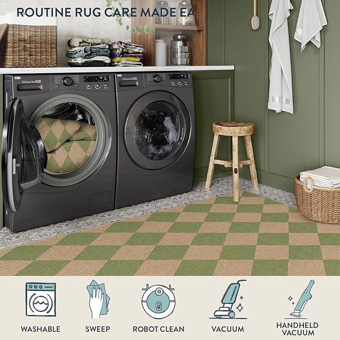 Lahome Green Checkered Easy Jute Rug, 3x5 Washable Outdoor Rug Neutral Rug - Image 4