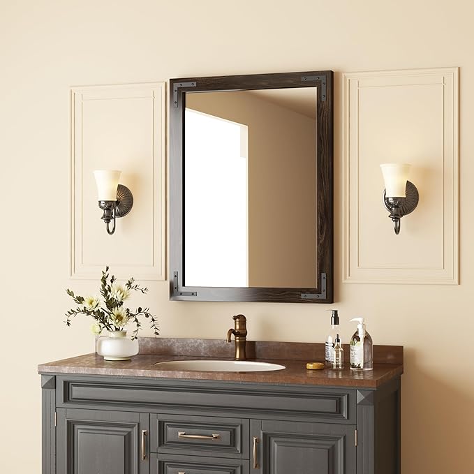 VocalStar Black Wood Framed Mirror 24 x 32 Inch, Rustic Natural Black Wooden - Image 6