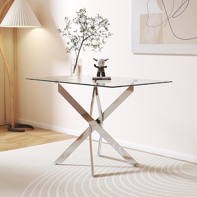 Tempered Glass Dining Table 48 Inch Mordern Rectangular Kitchen Table by Goldfan