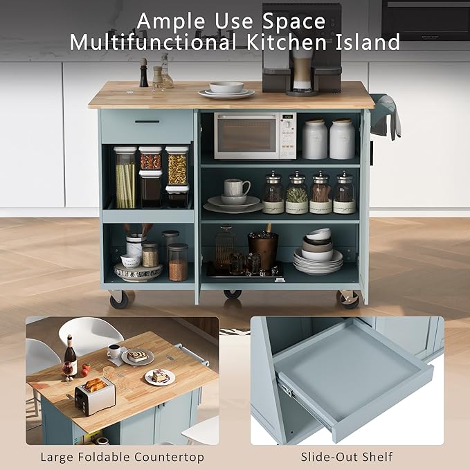 49" Kitchen Island with Foldable Counter Top, Kitchen Storage Cart W/Slide-Out - Image 3