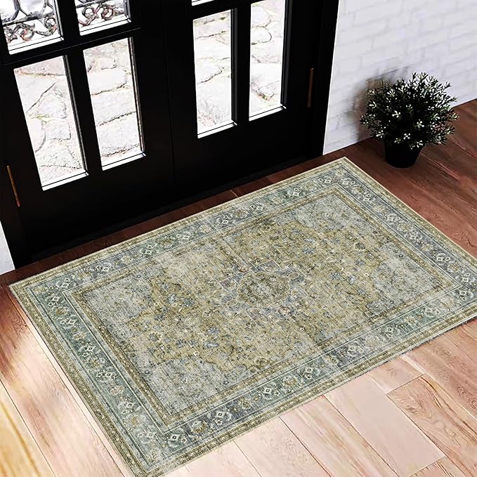 Washable Area Rug 2'x3' Door Mat Vintage Distressed Doormat Indoor Entrance by CHAMPLANT